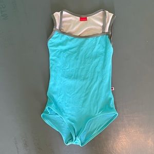 Blue & Pink “Becky” Yumiko leotard with Gray trim